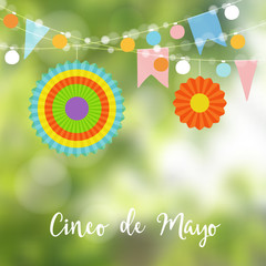 Mexican Cinco de Mayo greeting card, invitation. Party decoration, string of light bulbs, paper flags and colorful lanterns. Modern blurred background. Vector illustration.