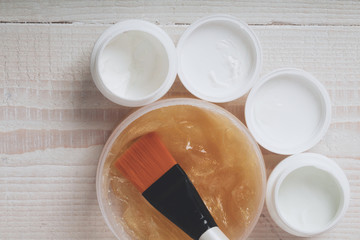 Cream and gel, concept of cosmetics for women and men in the beauty salon. Skin care product