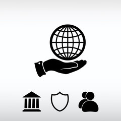 Globe icon with hand, vector illustration. Flat design style