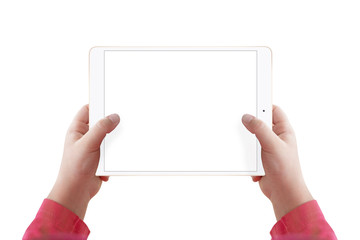Kid holding tablet in hands, isolated on white background