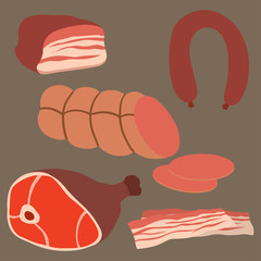 Meat products set of cartoon delicious barbecue kebab variety delicious gourmet meal and animal assortment slice lamb cooked vector illustration