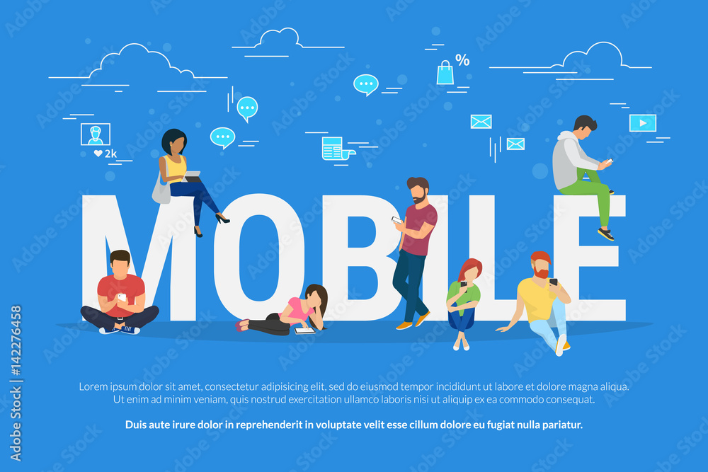 Poster mobile devices usage concept illustration of young men and women using mobile devices such as smartp