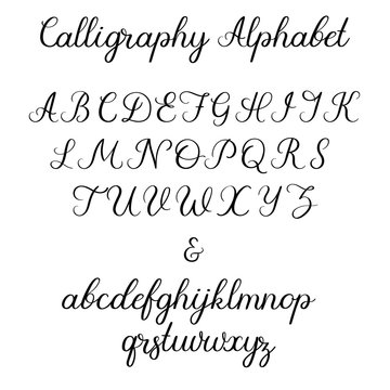 Calligraphic alphabet. Handwritten brush font. Uppercase, lowercase, ampersand. Wedding calligraphy