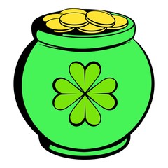 Green pot full of gold icon, icon cartoon