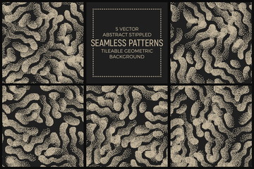 Set of 5 Vector Abstract Stippled Seamless Patterns. Handmade Tileable Geometric Dotted Grunge Background © yamonstro