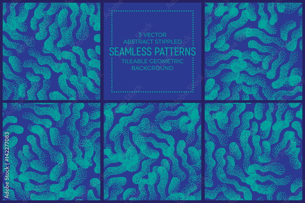 Poster set of 5 vector abstract blue and turquoise stippled seamless patterns. handmade tileable geometric 
