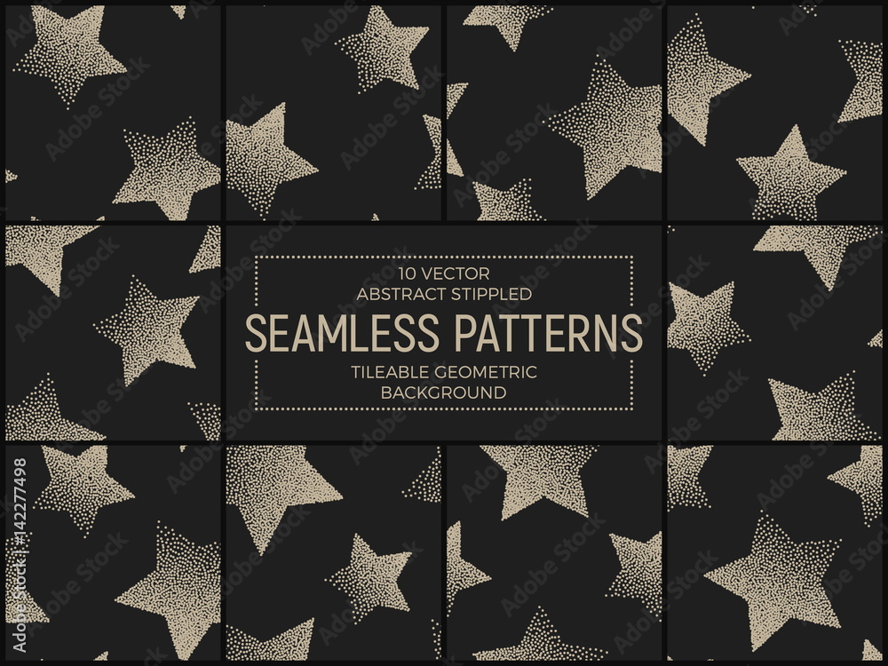 Poster set of 10 vector abstract stippled seamless patterns. handmade tileable geometric dotted grunge back