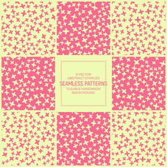 Set of 8 Abstract Vector Funky Stippled Retro Seamless Patterns. Handmade Tileable Hipster Geometric Dotted Vintage Background