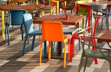 Chairs colorful restaurant cafe empty