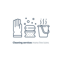Sanitation objects set, cleaning equipment items and services, line icons