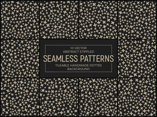 Set of 10 Abstract Vector Funky Stippled Retro Seamless Patterns. Handmade Tileable Hipster Geometric Dotted Vintage Background