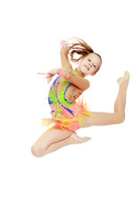 Girl gymnast performs a jump.