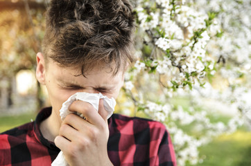 Teenager having trouble with allergies, sneezing, blowing nose, pollen on trees in background 