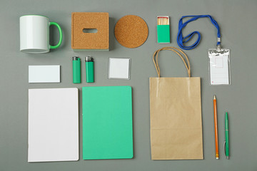Set of blank items for branding on grey background