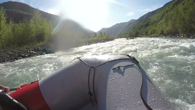 Rafting team masterly avoiding rapids, paddling boats down the wild river