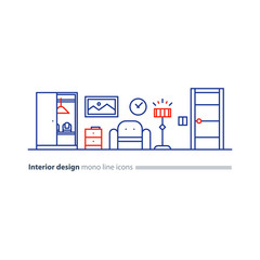 Simple interior, apartment design services, line furniture icons set