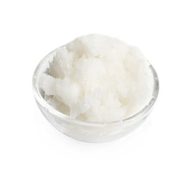 Glass bowl with coconut oil isolated on white