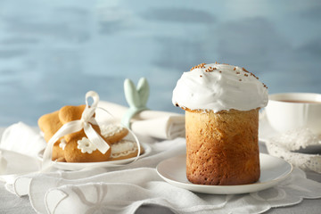 Beautiful composition with Easter cake on blurred background