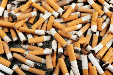 Closeup view of dirty cigarette butts