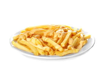 Plate of delicious french fries with cheese sauce on white background