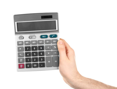 Male hand holding calculator on white background