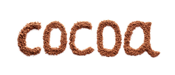 Word COCOA made of powder on white background