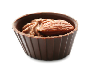 Delicious chocolate praline candy, isolated on white