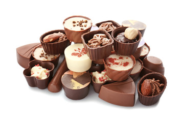 Delicious chocolate candies, isolated on white