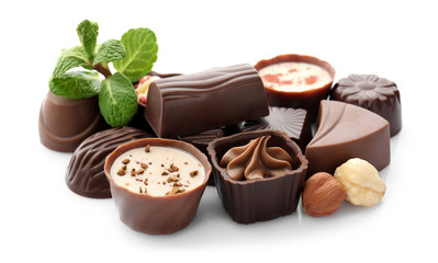 Delicious chocolate candies, isolated on white