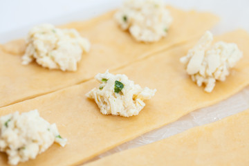 Ravioli Preparation :  Stuffing ravioli dough strips