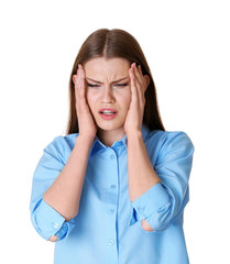 Beautiful young woman suffering from headache on white background