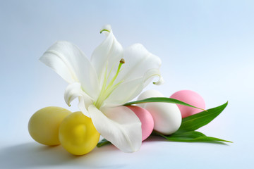 Beautiful composition with lily and Easter eggs on white background