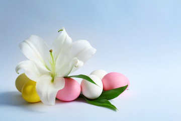 Beautiful composition with lily and Easter eggs on white background