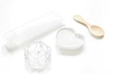 cosmetic set in body care consept on white table background