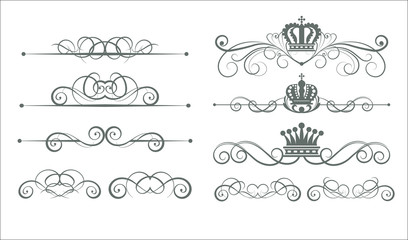 Victorian Scrolls and crown. Decorative elements. Vector art. Vintage