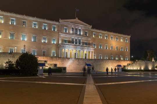 Night photo of The Greek parliament in Athens, Attica, Greece