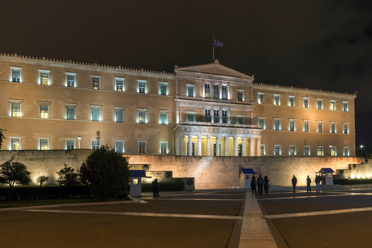 Night photo of Syntagma Square in Athens, Attica, Greece
