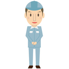 かわいい若い短髪作業員　さわやか　ブルーの制服　お出迎え