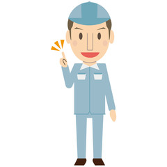 かわいい若い短髪作業員　さわやか　ブルーの制服　指差し