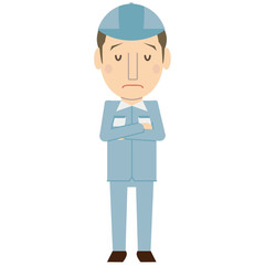 かわいい若い短髪作業員　さわやか　ブルーの制服　悩む