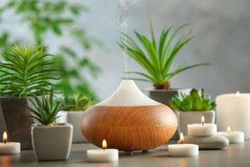 Aroma oil diffuser, candles and plants on table
