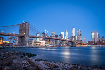 Brooklyn Bridge with Manhattan Skyline at dusk