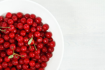 Fresh cherries in white bowl on white background. Cherries isolated on white. Healthy cherry fruits. Top view and space for text