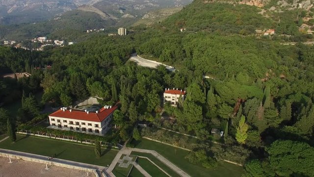 The park Milocer, Villa, beach Queen. Near the island of Sveti Stefan in Montenegro. Aerial Photo drone.