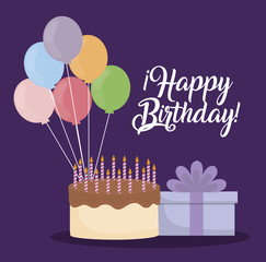 happy birthday card with cake and gift box  icon. colorful design. vector illustration