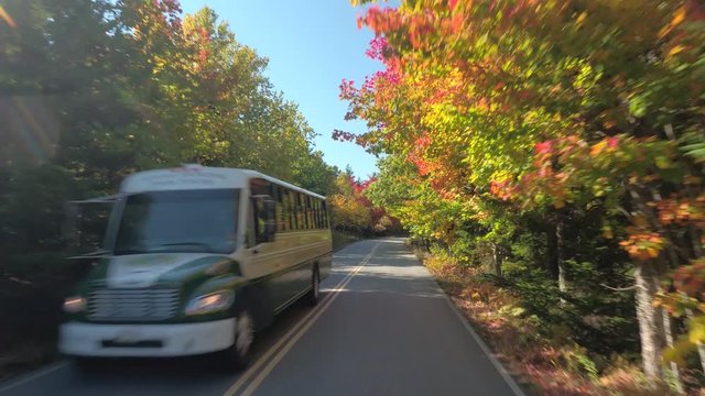 FPV, CLOSE UP: People in tourist bus driving along the scenic country road curving through fall foliage forest on sunny autumn day in Acadia National Park, Main, USA. Vehicle traveling on the highway