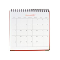 Calendar of November 2017 isolated on white background with clipping mask.
