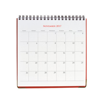 Calendar of November 2017 isolated on white background with clipping mask.
