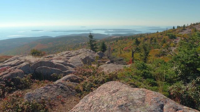 CLOSE UP Beautiful view of North Atlantic Ocean dotted with forested islands. Pristine overgrown coast and rocky mountaintop covered with small spruce trees and fall foliage shrubs on sunny autumn day