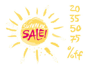 Banner discounts in the style of hand drawing. Template for advertising is a summer special offer, a sunshine sale.